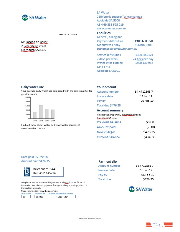 Netherlands SA Water utility bill in Word format